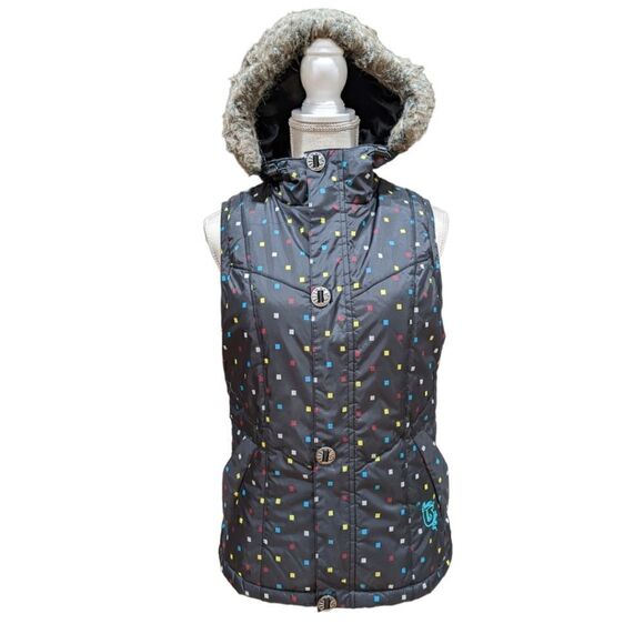 Burton Women's Black Hooded Sly Puffy Vest Square Polka dots Size S - Picture 1 of 16
